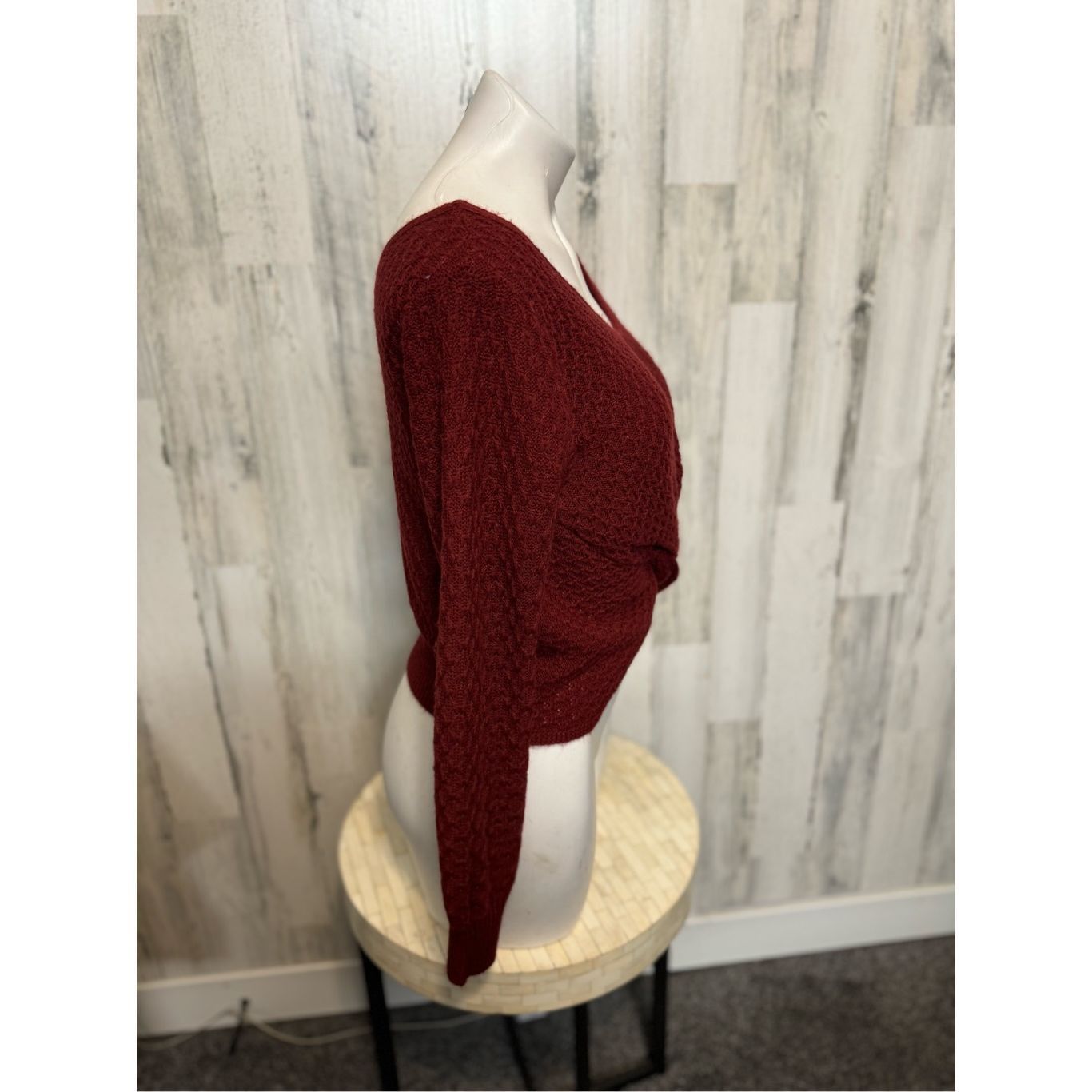 Other Burgundy Twist Front Waffle Knit Long Sleeve Sweater – Size Size S / US 4 / IT 40 - 3 Thumbnail
