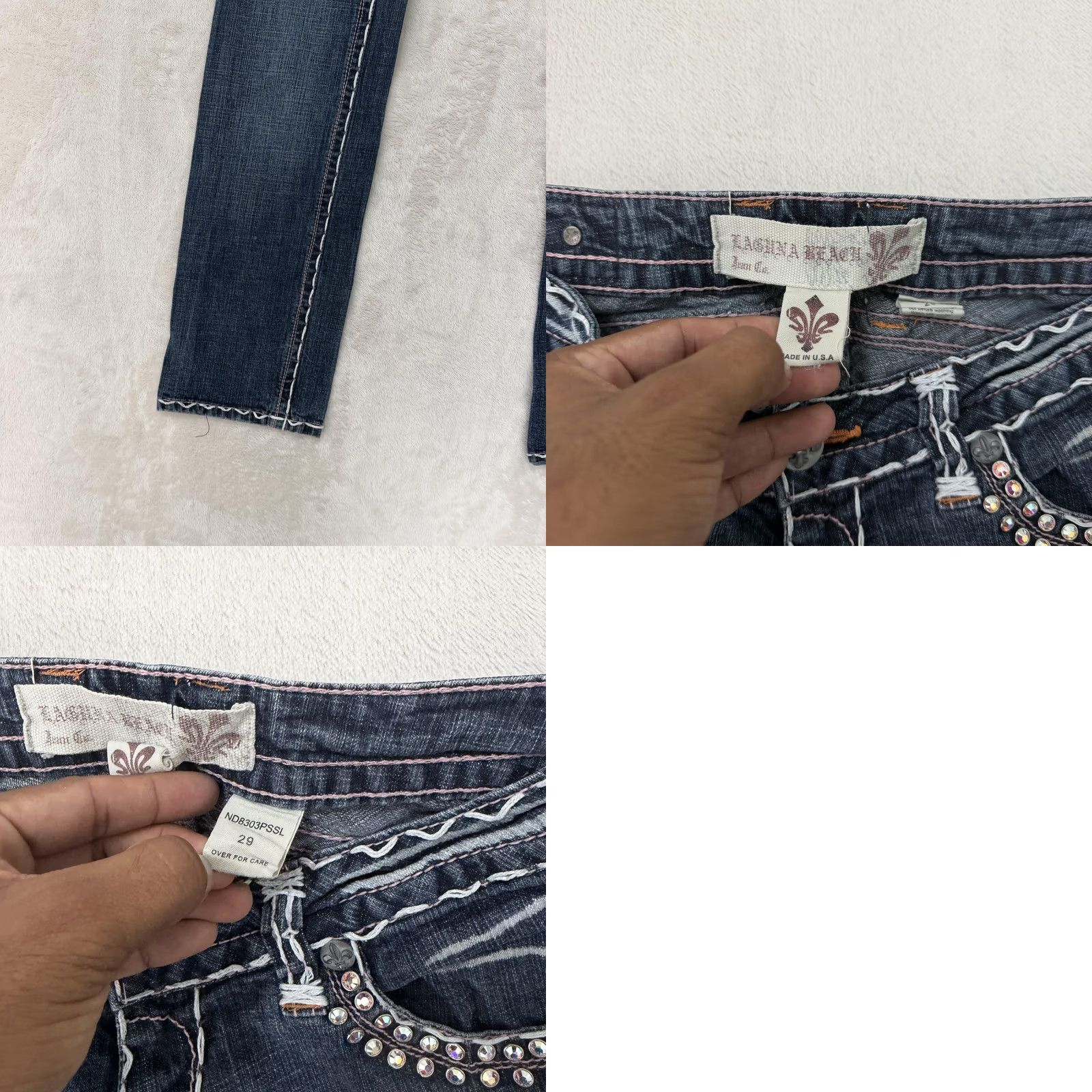 Vintage Laguna Beach Jeans Pants Womens 28x34 Low Rise Straight Rhinestone Cross Denim Blue 5-Pocket Distressed Mojave Style Mens Womens Size 29" - 9 Thumbnail