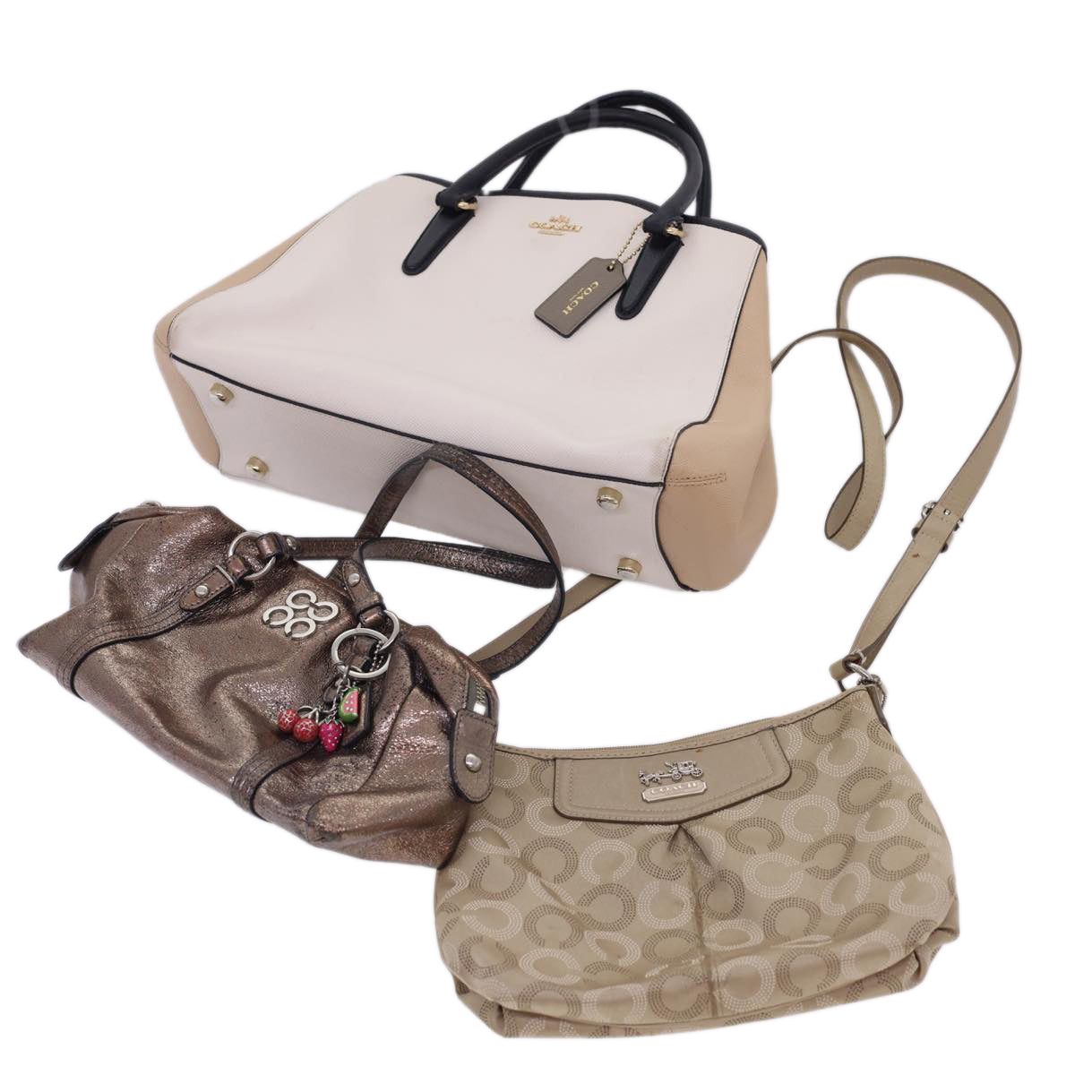 image of Coach Op Art Shoulder Bag Nylon Pvc Leather 3Set Bronze White Beige Auth 39865 in Black, Women's