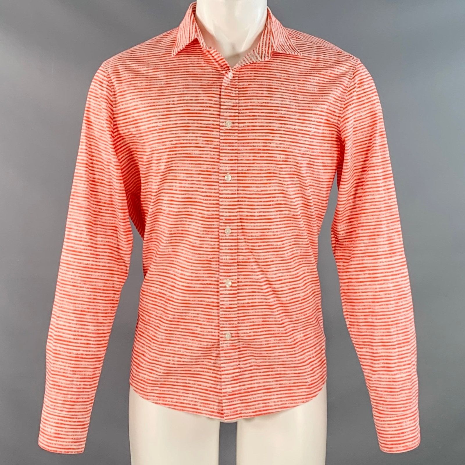 Michael Kors Size M Red White Stripe Cotton Slim Fit Long Sleeve Shirt Size US M / EU 48-50 / 2 - 1 Thumbnail