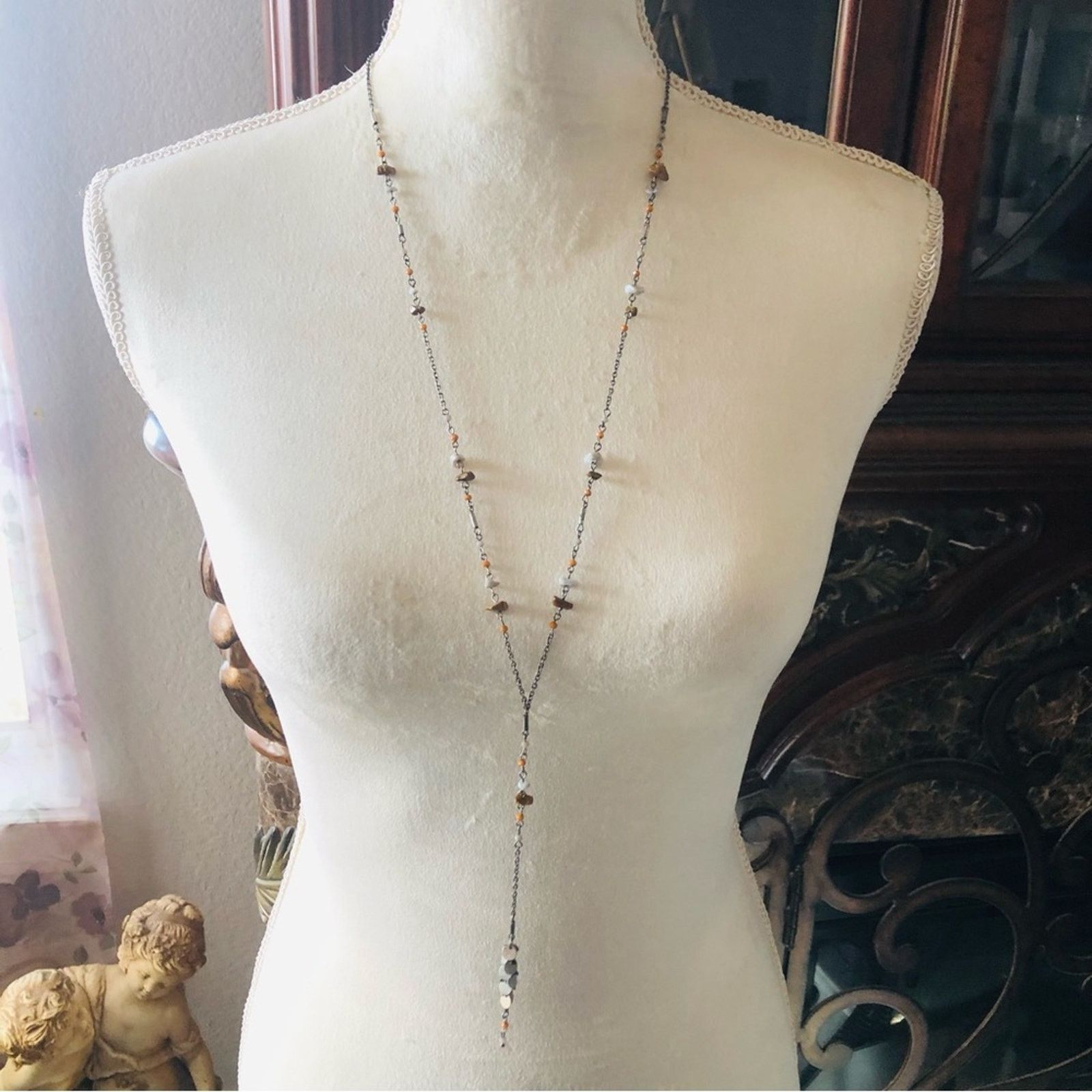 Jewelry Natural stone chip silver chain y necklace Size ONE SIZE - 2 Thumbnail