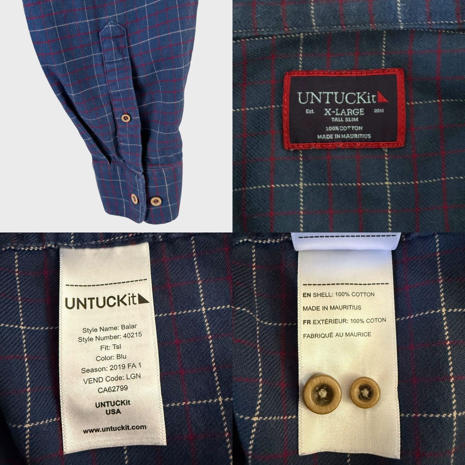 UNTUCKit VINTAGE UNTUCKit Men’s Plaid Button-Up Shirt XL Tall Slim Cotton Long Sleeve Blue Casual Office Western Size US XL / EU 56 / 4 - 8 Thumbnail