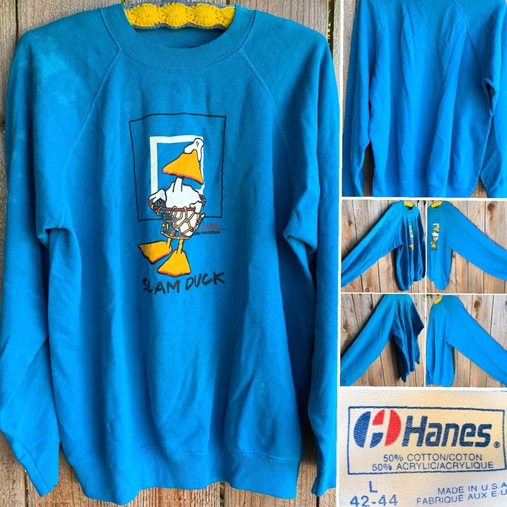 Hanes VINTAGE Hanes Sweatshirt Shirt Men L Blue 80s 1980s Basketball Slam Duck John Baron graphic print Size US L / EU 52-54 / 3 - 3 Thumbnail