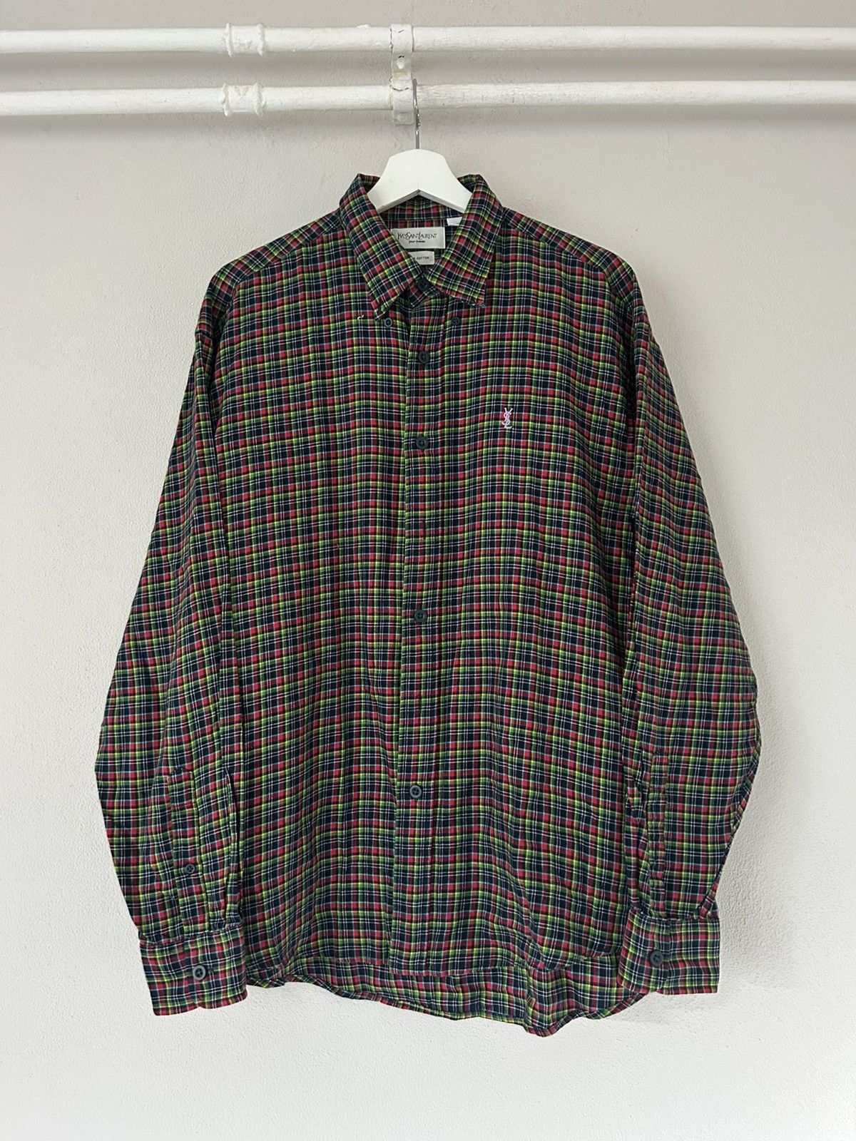 Yves Saint Laurent Yves Saint Laurent Plaid Cotton Shirt with Embroidered Logo Size US L / EU 52-54 / 3 - 1 Thumbnail