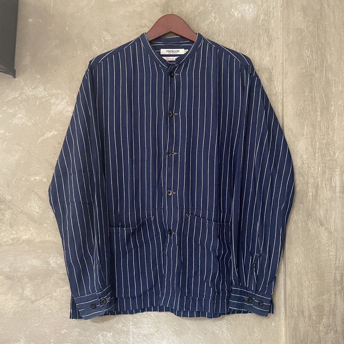 Omnigod Band Collar Striped Indigo Work Overshirt Wabash