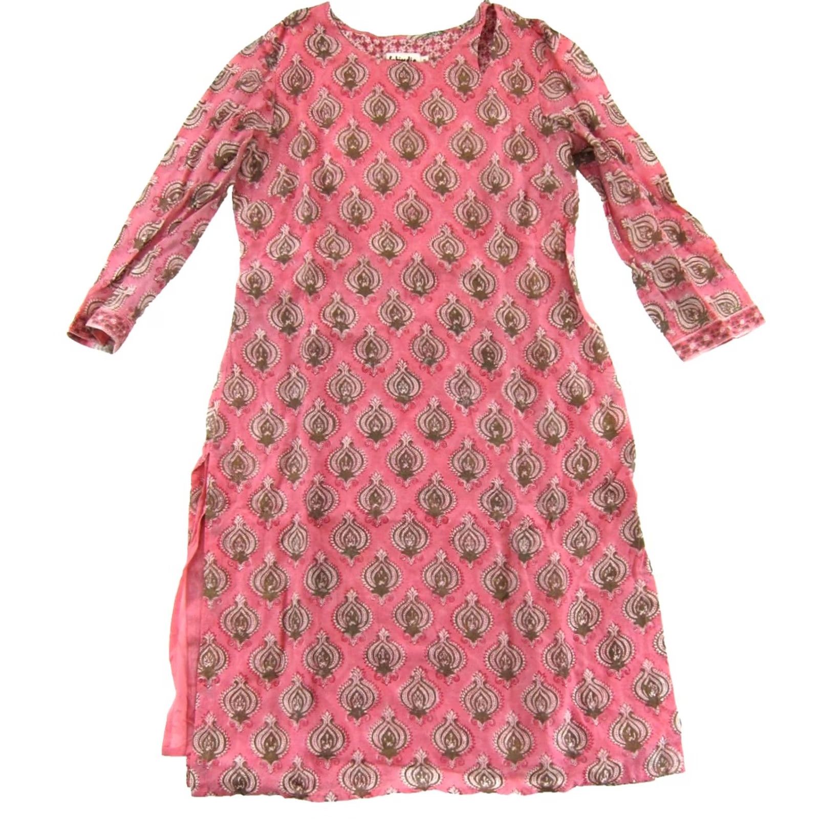 Pinko Fabindia Kurta Dress Slim Fit Midi Silk Cotton Paisley Green S Small Size S / US 4 / IT 40 - 2 Thumbnail