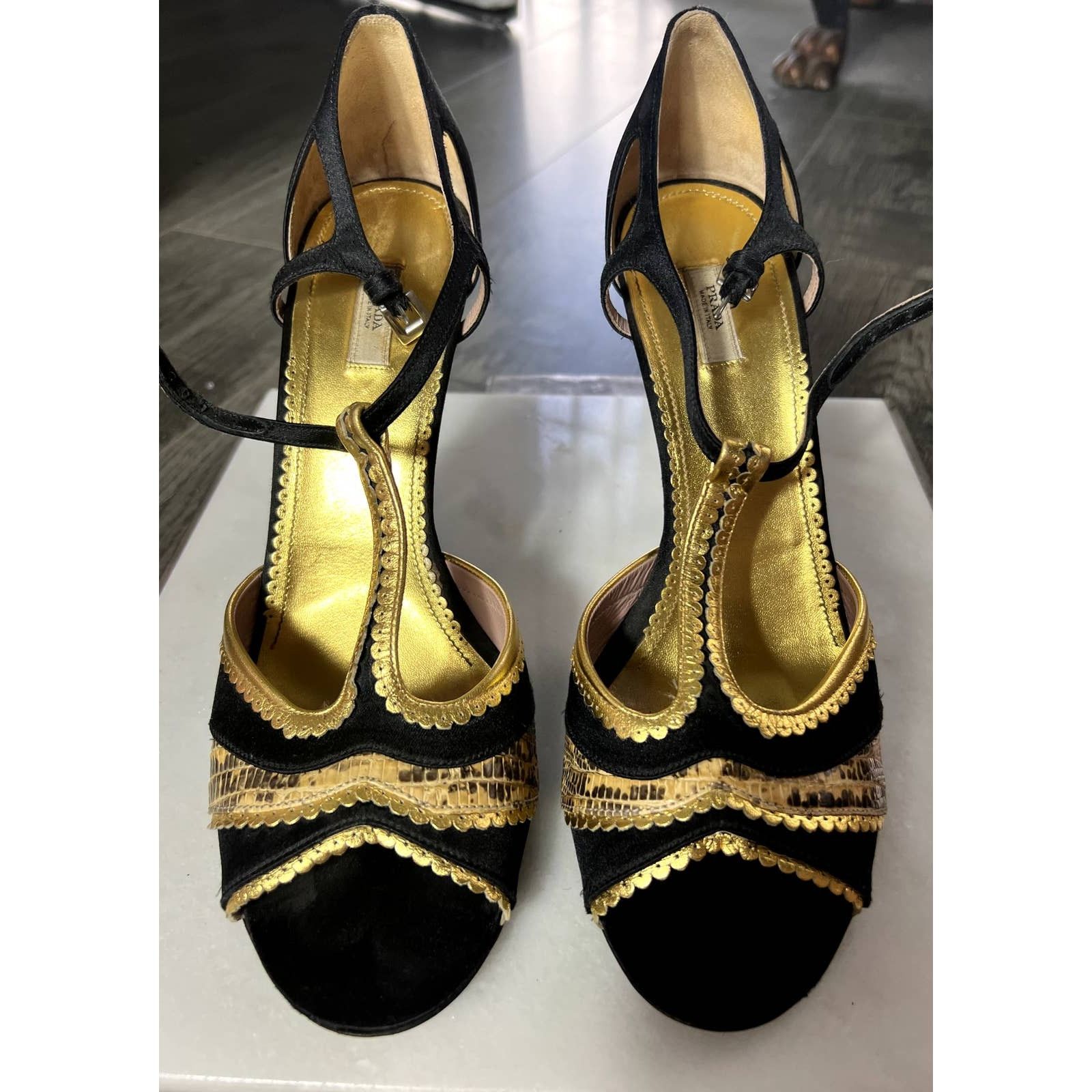 Prada Prada Sandals black satin gold python heels 40.5 10.5 Size US 10.5 / IT 40.5 - 1 Thumbnail