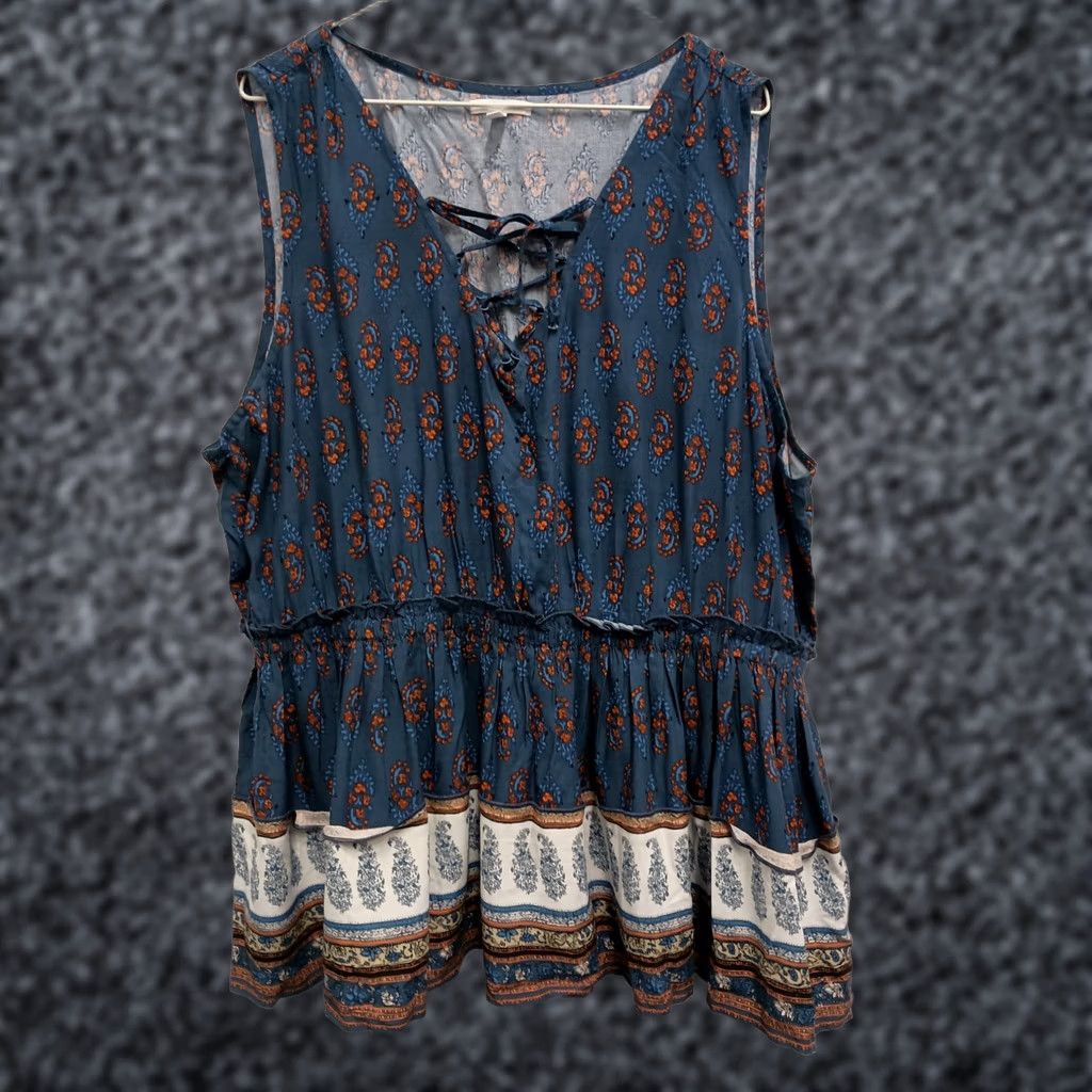 Vintage Maurices Peasant Top Size 3X Blue Floral BOHO Lace Up Sleeveless Beach Womens Size XXL / US 16-18 / IT 52-54 - 1 Thumbnail