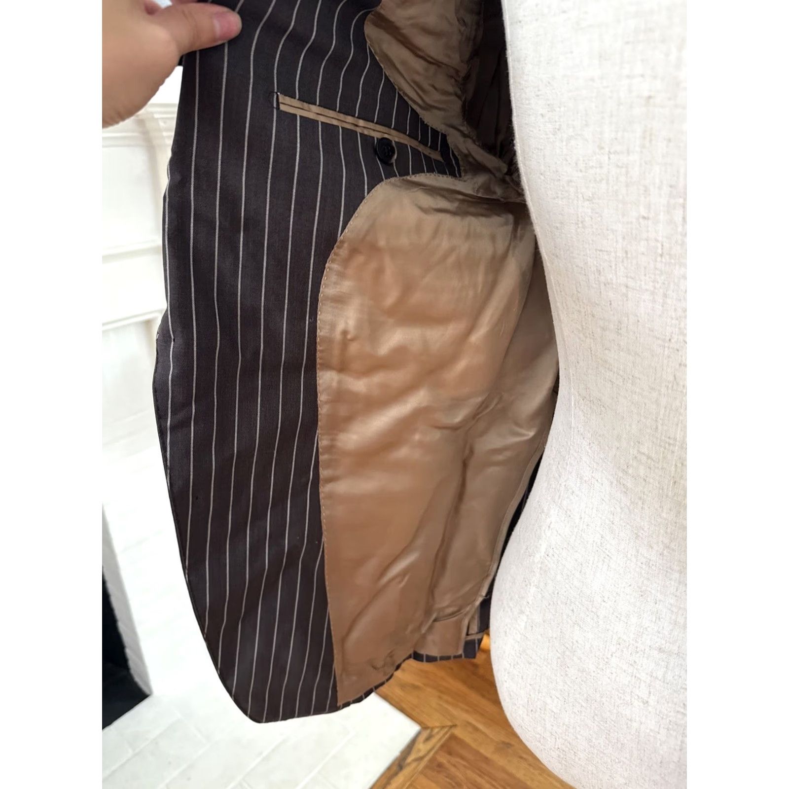 Vintage MUSIKA FRERE Grey Wool Mens Blazer Tuxedo Jacket 40 Regular Striped Short Single-Breasted Two-Button Size 40R - 7 Thumbnail