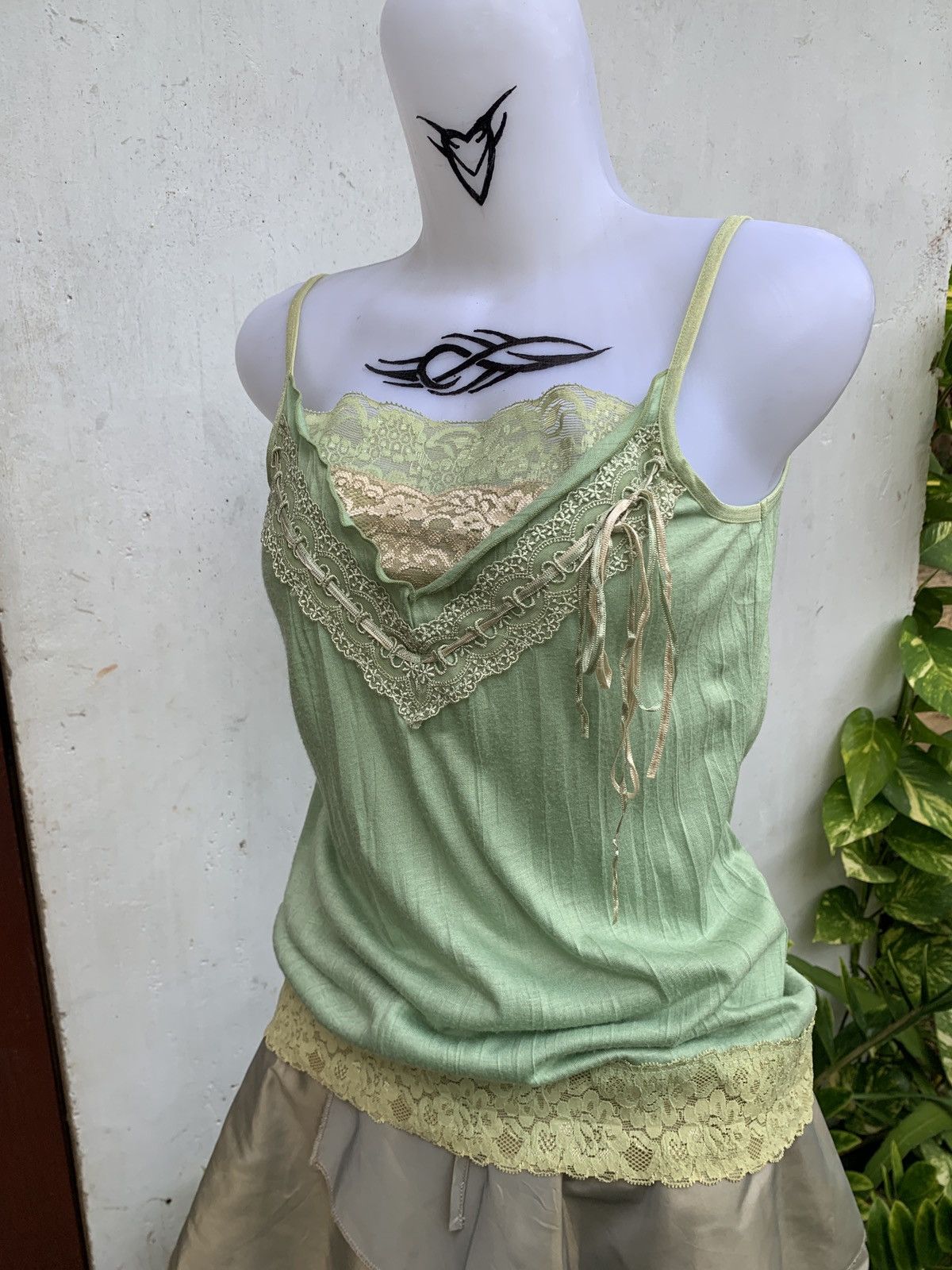 If Six Was Nine × Japanese Brand y2k EP Japan Green Lace Trim Textured Cami Tank Top Size M / US 6-8 / IT 42-44 - 2 Thumbnail