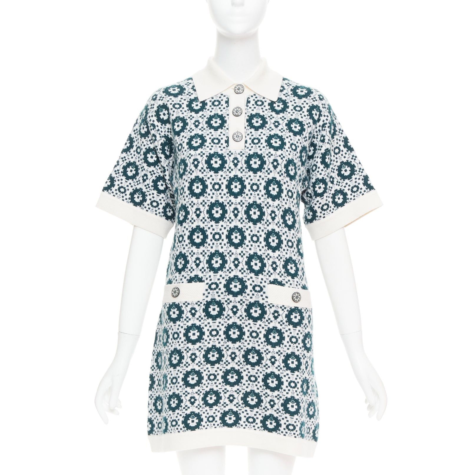 Chanel CHANEL 2016 100% cashmere knit green mosaic CC button polo dress FR38 M Size M / US 6-8 / IT 42-44 - 1 Thumbnail