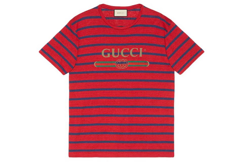 Gucci Gucci Red/Blue Striped Vintage Logo Linen Blend T-Shirt Size US S / EU 44-46 / 1 - 1 Thumbnail