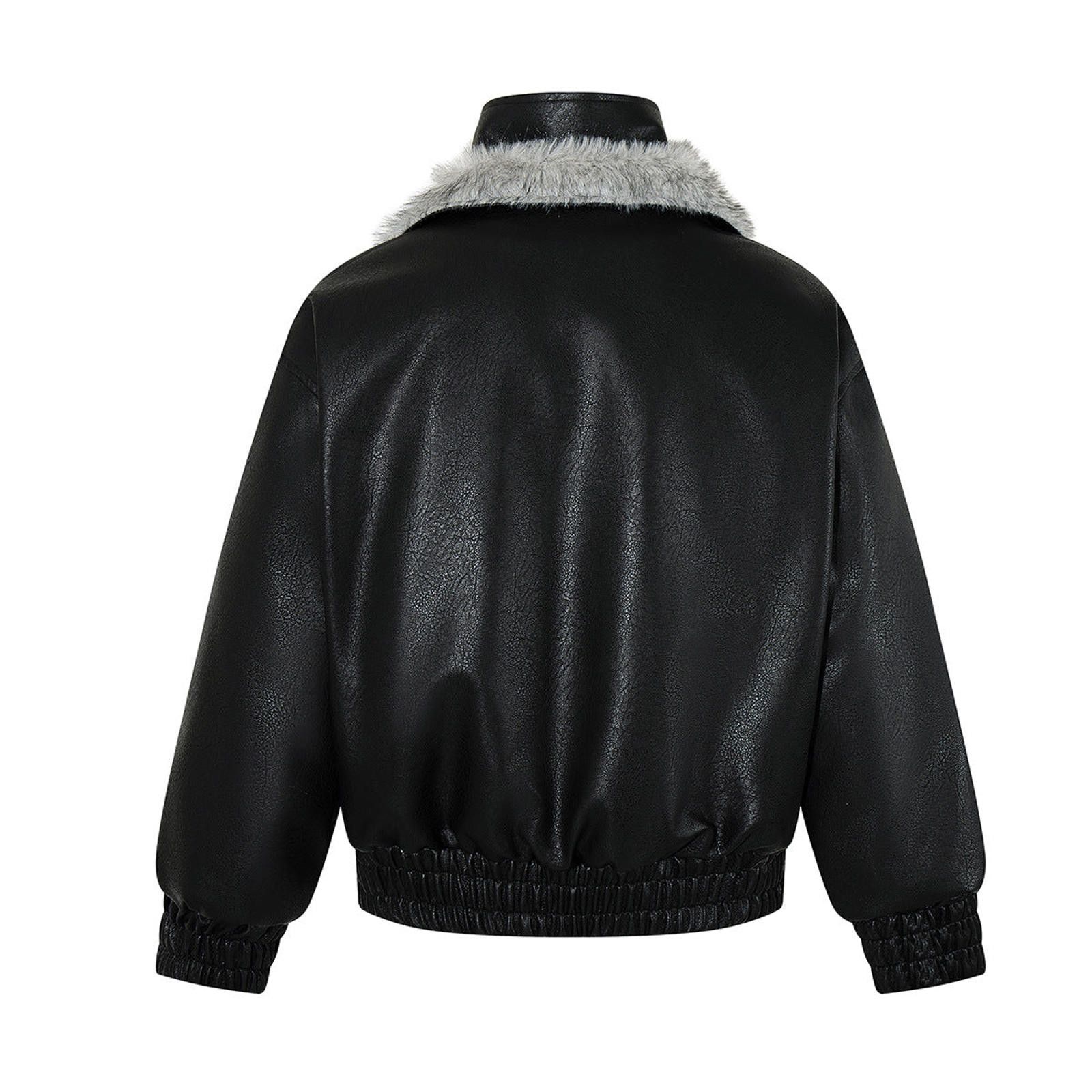 Japanese Brand Black Faux Leather Bomber Jacket with Grey Faux Fur Collar Size US M / EU 48-50 / 2 - 3 Thumbnail