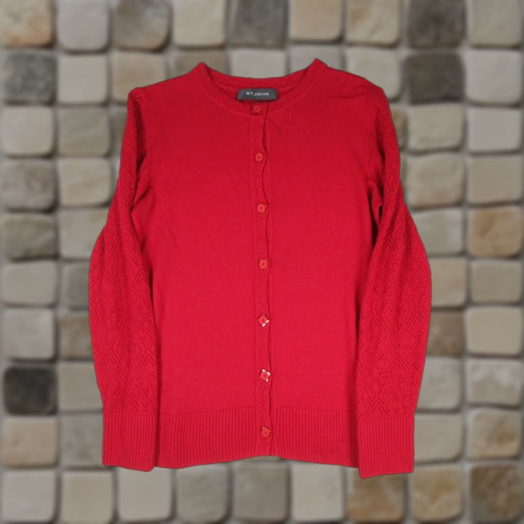 St. John ST.John Sweater Cardigan Womens Small Red Wool Knit Round Neck Long Sleeve Size S Regular Fit Womens Size S / US 4 / IT 40 - 1 Thumbnail