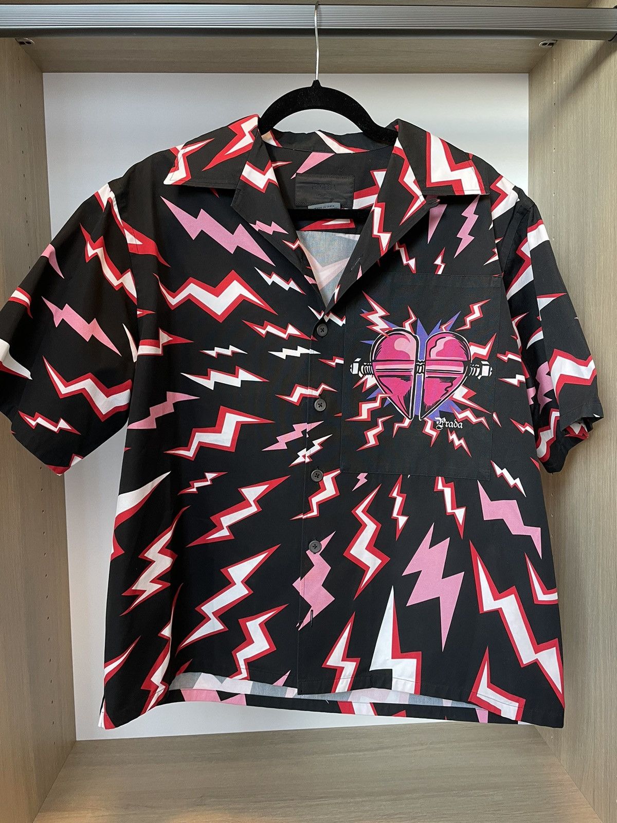 image of Prada Frankenstein Heart Camp Collar Shirt in Black, Men's (Size Large)