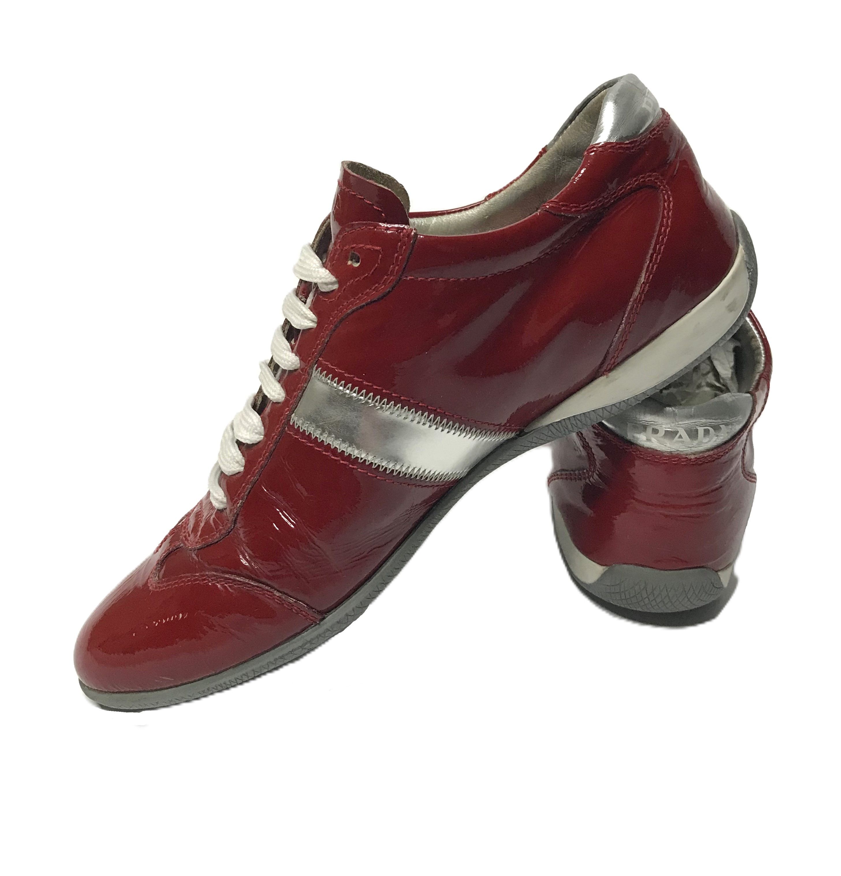 Prada Prada Womens Patent Leather Sneakers Sz 37 Red Size US 7.5 / IT 37.5 - 4 Thumbnail