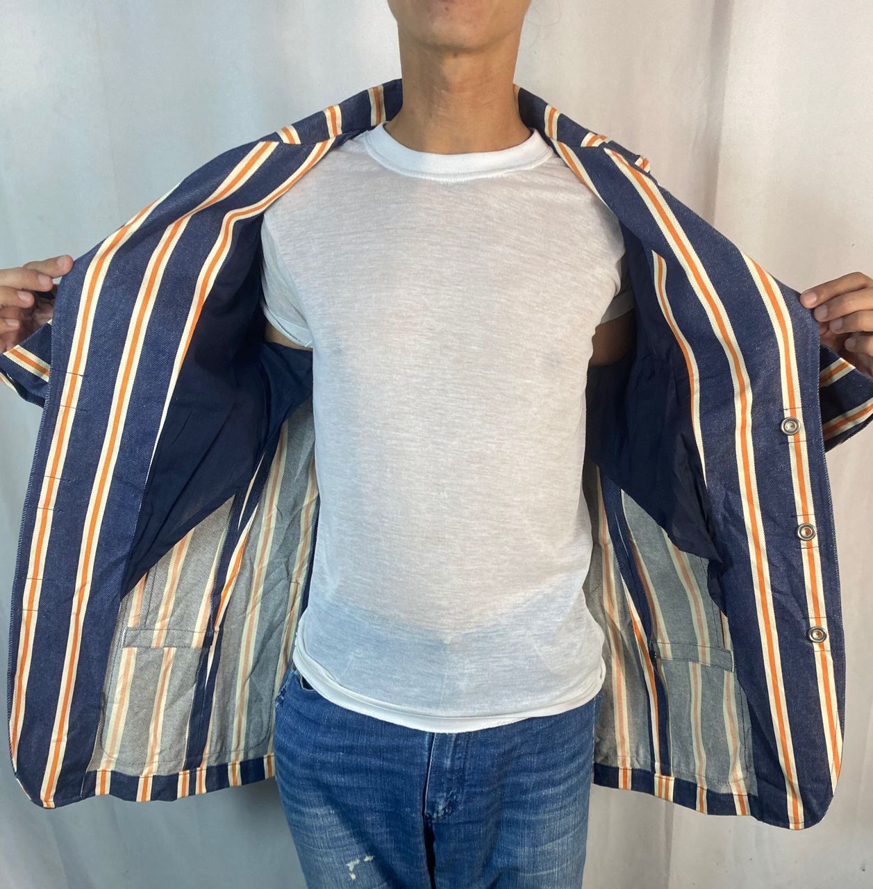 Designer × W&LT × Walter Van Beirendonck 🔥RARE🔥Vintage W&.L.T denim stripe snap button blazer jacket Size US S / EU 44-46 / 1 - 22 Thumbnail