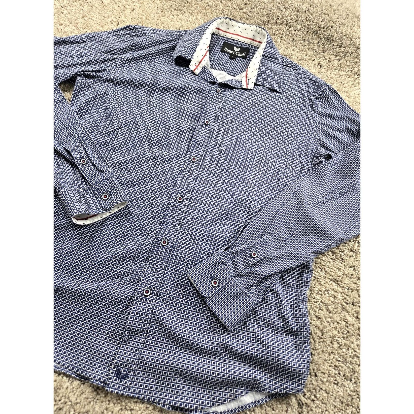 Buttero Butter Cloth Shirt Mens Large Blue Geometric Print Long Sleeve Button Up Casual Size US L / EU 52-54 / 3 - 2 Thumbnail