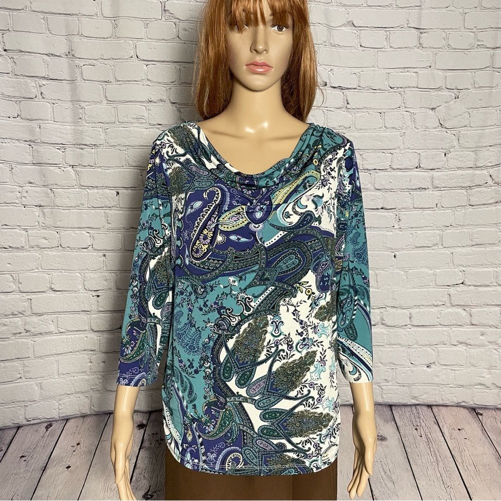 Chicos Chico's Cowl Neck 3/4 Sleeve Paisley Top Size 2 US L Size L / US 10 / IT 46 - 1 Thumbnail