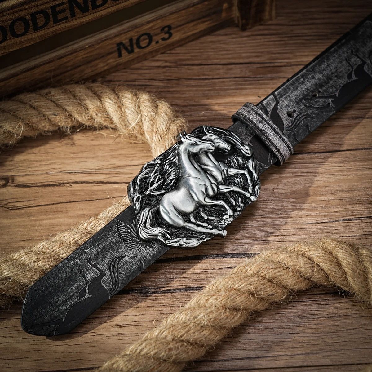 Leather × Vintage Black Double Horses Buck Belt Size ONE SIZE - 2 Thumbnail