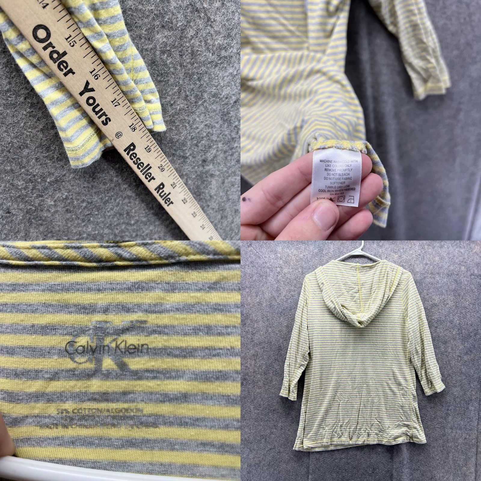 Calvin Klein Calvin Klein Sweater Women Large Pullover Hooded Striped Yellow Gray Logo Fleece Cotton Long Sleeve Knit Taraf? Size L / US 10 / IT 46 - 8 Thumbnail