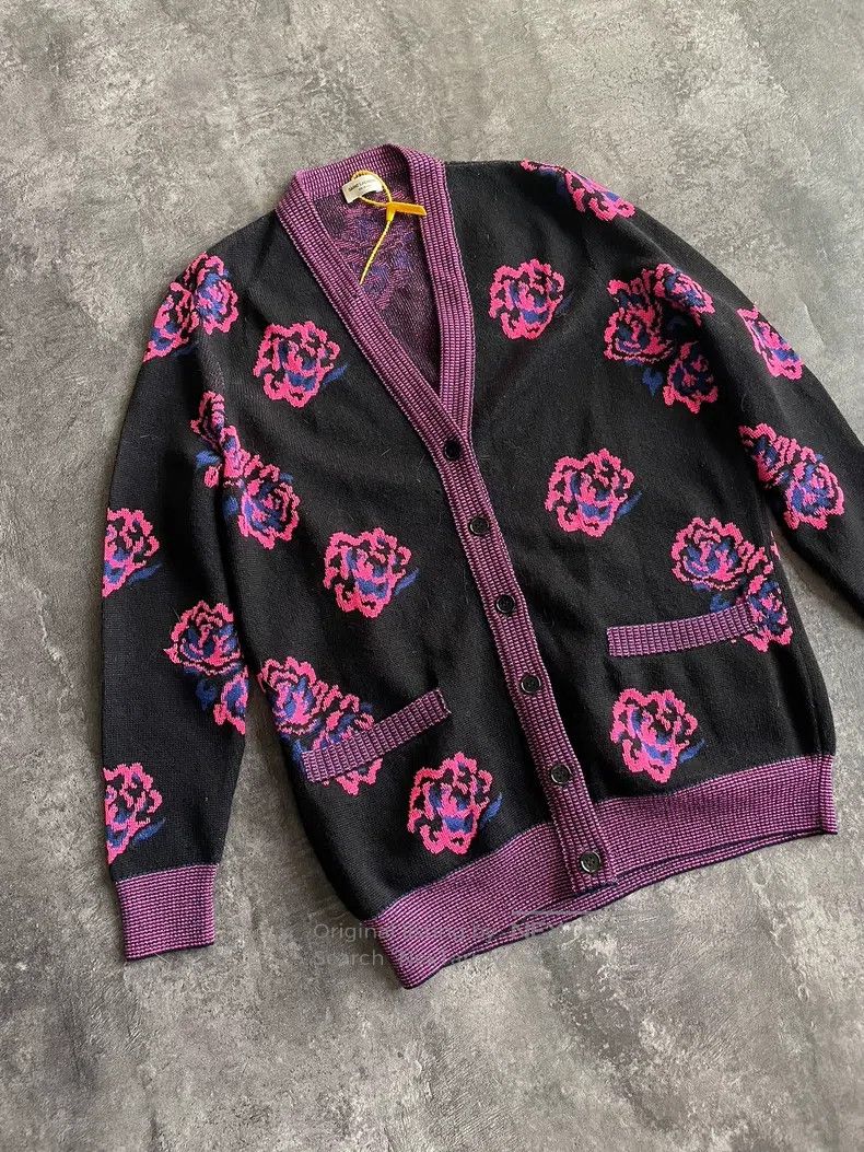 Saint Laurent Paris Saint Laurent Paris Black and Purple Poppy Knit Cardigan Size US XS / EU 42 / 0 - 3 Thumbnail