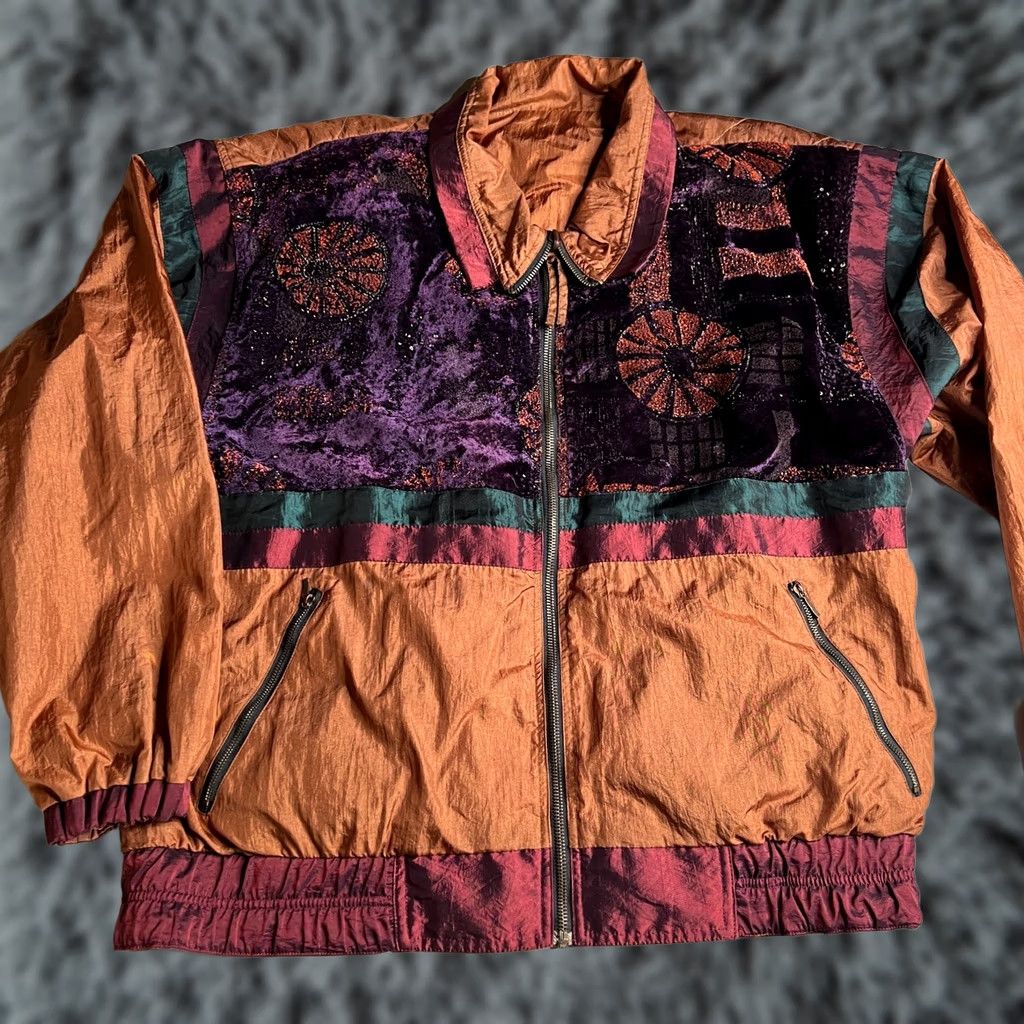 Chili Pepper Bomber Jacket Velvet Patchwork Colorblock 90s Vintage Multicolor Jacket Men M