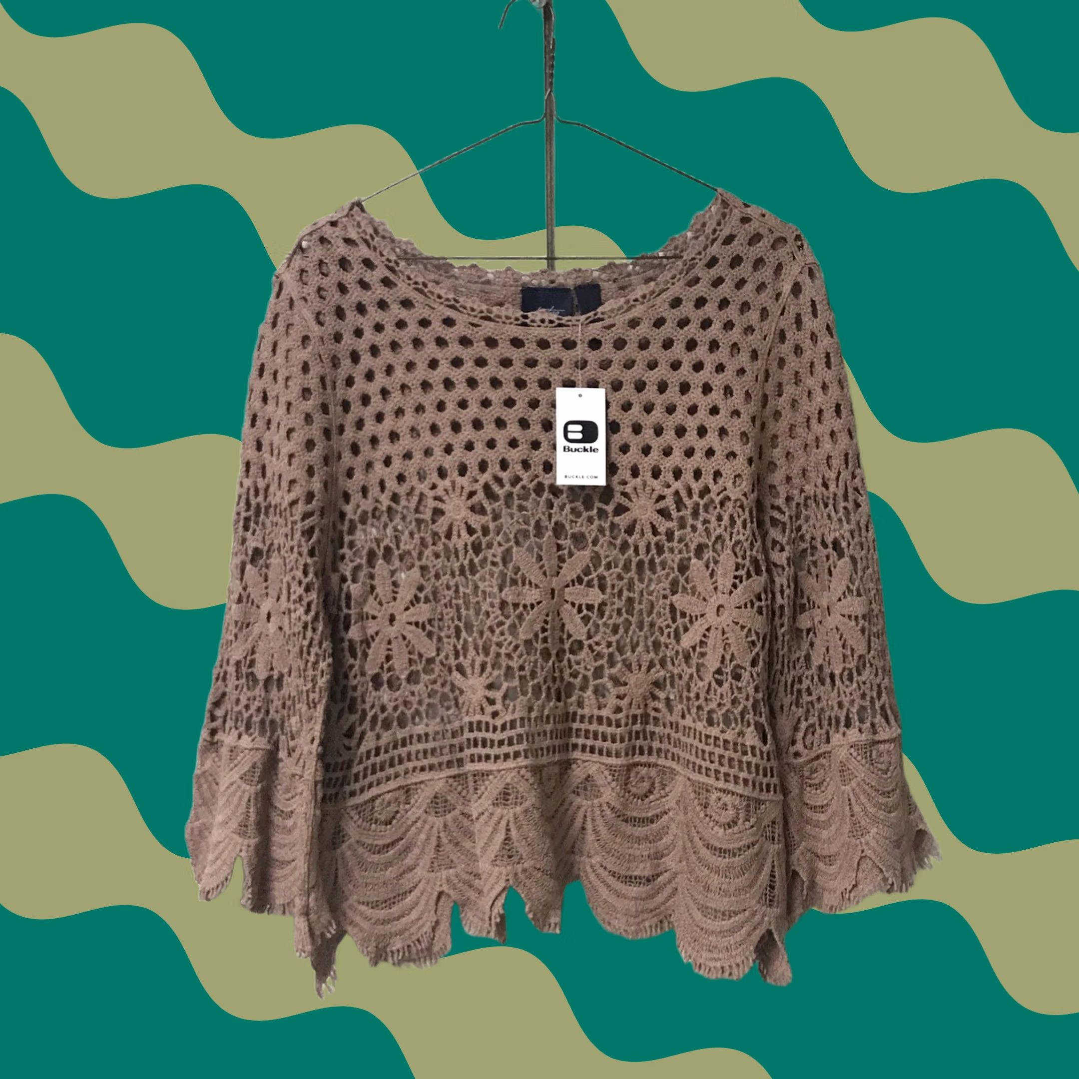 Vintage Buckle Daytrip Women Blouse 3/4 Sleeve Top M Chanterelle Open Weave Eyelash Crochet Lace Brown Scalloped Crochet Breathable Lightweight Casual Knit Size M / US 6-8 / IT 42-44 - 1 Thumbnail