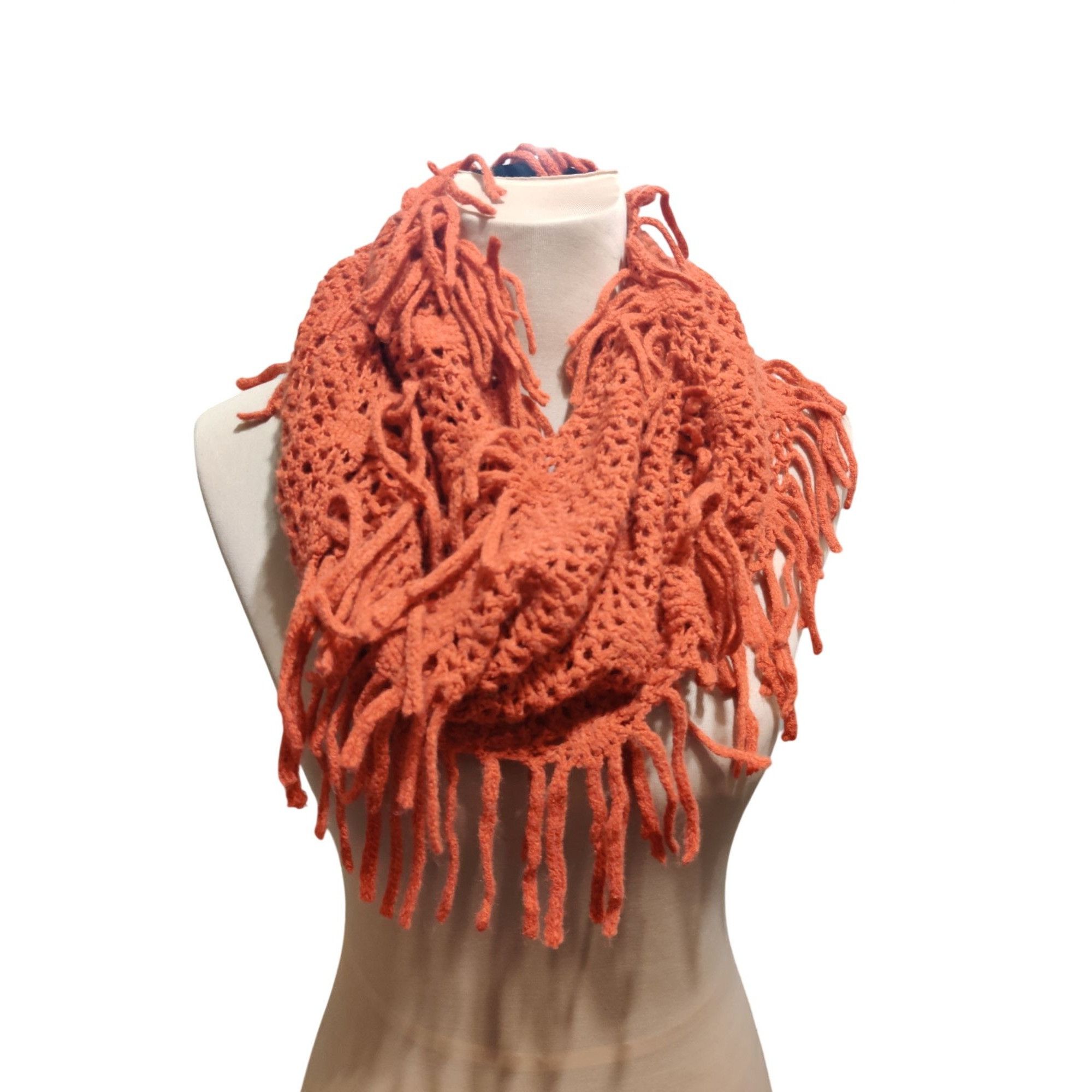 Other Rust Crochet Infinity Scarf Open Weave Fringe Loop Boho Dese Size ONE SIZE - 9 Thumbnail