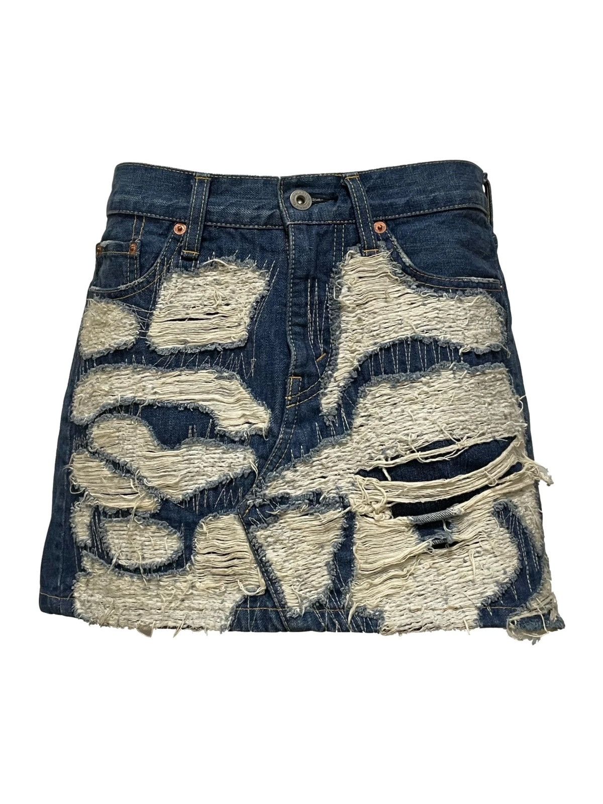 image of Junya Watanabe Destroyed Denim Mini Skirt in Blue, Women's (Size 26)