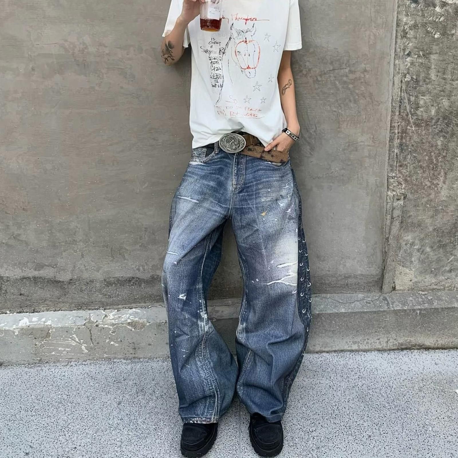 Japanese Brand Blue Distressed Baggy Wide Leg Jeans, Vintage Style Denim Size US 30 / EU 46 - 1 Thumbnail