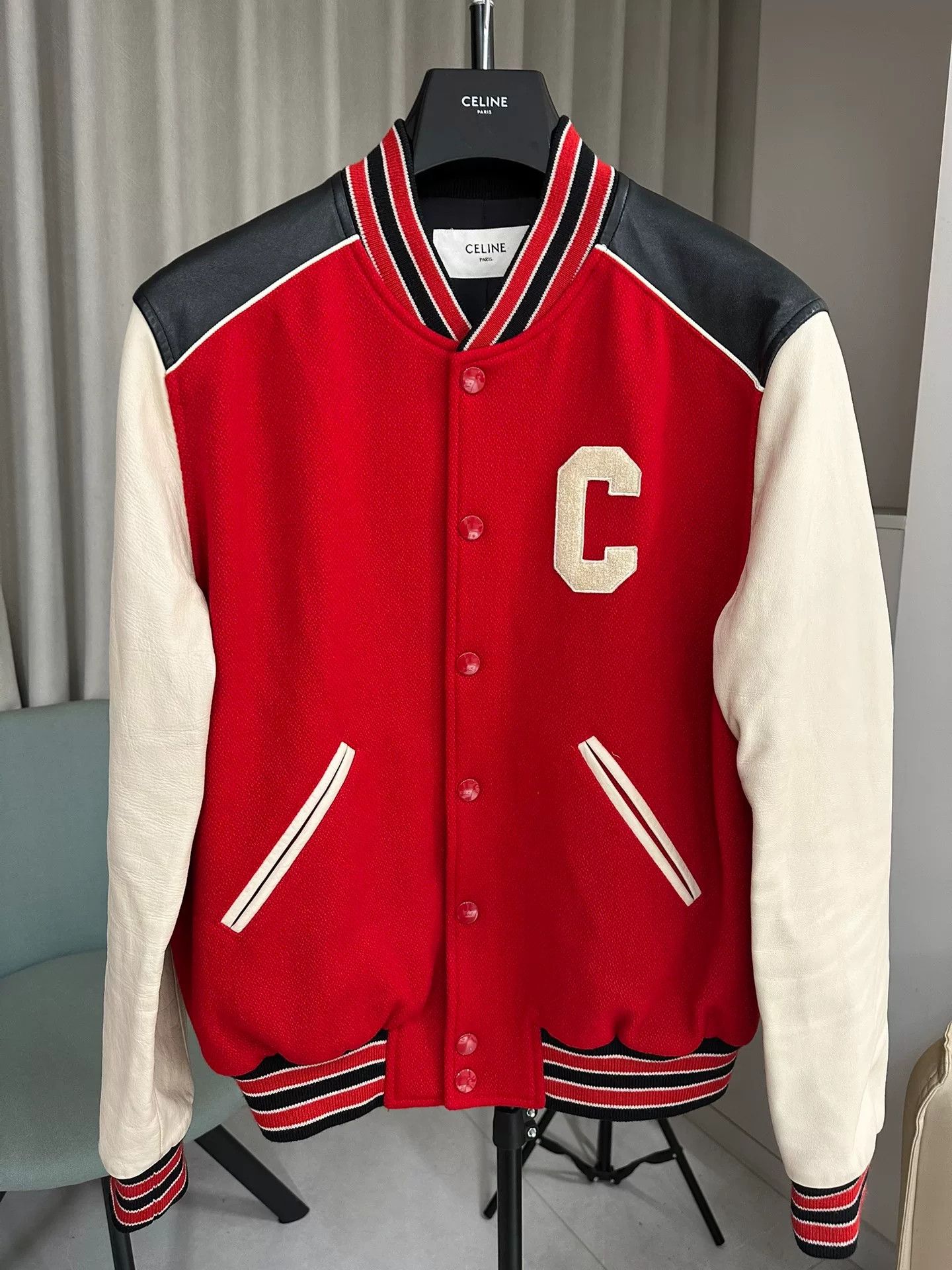 Celine Celine Red Wool Leather Sleeve Bomber Jacket Size US M / EU 48-50 / 2 - 1 Thumbnail