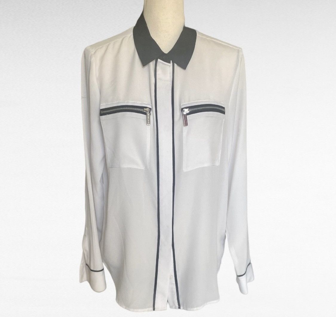 Michael Kors MICHAEL KORS WHITE BLACK BUTTON UP BLOUSE ZIPPER POCKETS Size M / US 6-8 / IT 42-44 - 11 Thumbnail