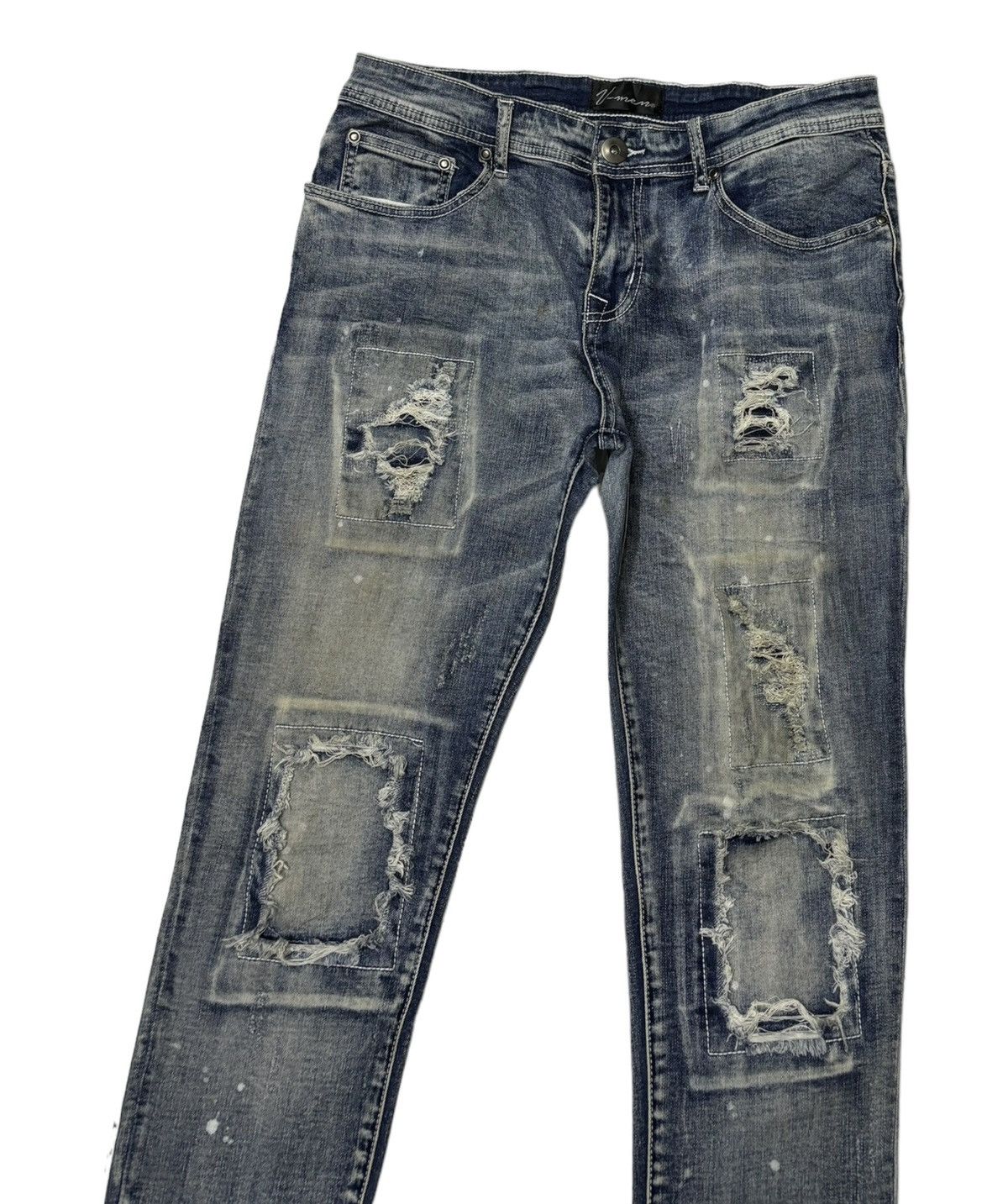 Japanese Brand VINTAGE V-MEN THRASHED PATCHWORK DISTRESS DENIM JEANS Size US 30 / EU 46 - 3 Thumbnail