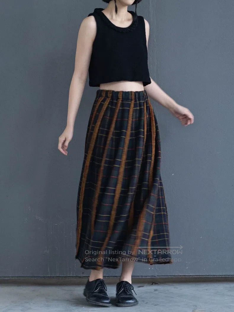 Comme des Garcons Comme Des Garcons Brown green check spliced half skirt Size 23" - 3 Thumbnail