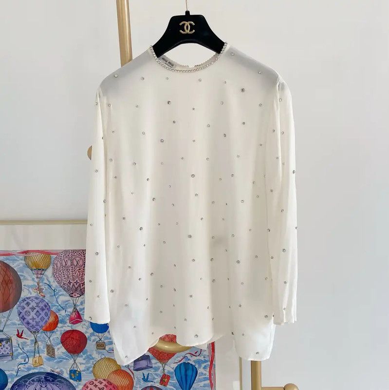 Miu Miu Miu Miu White Long Sleeve Silk Shirt 0089 Size L / US 10 / IT 46 - 1 Thumbnail