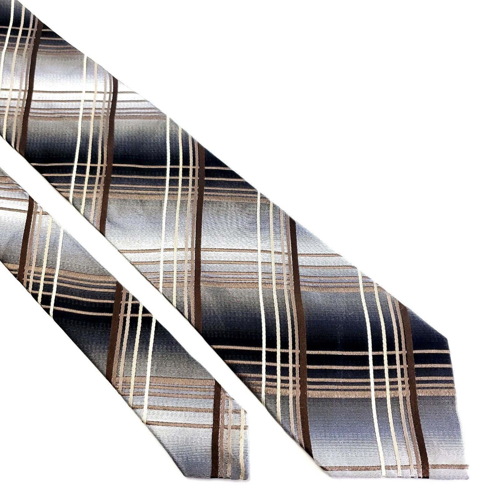 Pronto Uomo Pronto Uomo Silk Tie Woven Silver Brown Plaid Size ONE SIZE - 1 Thumbnail