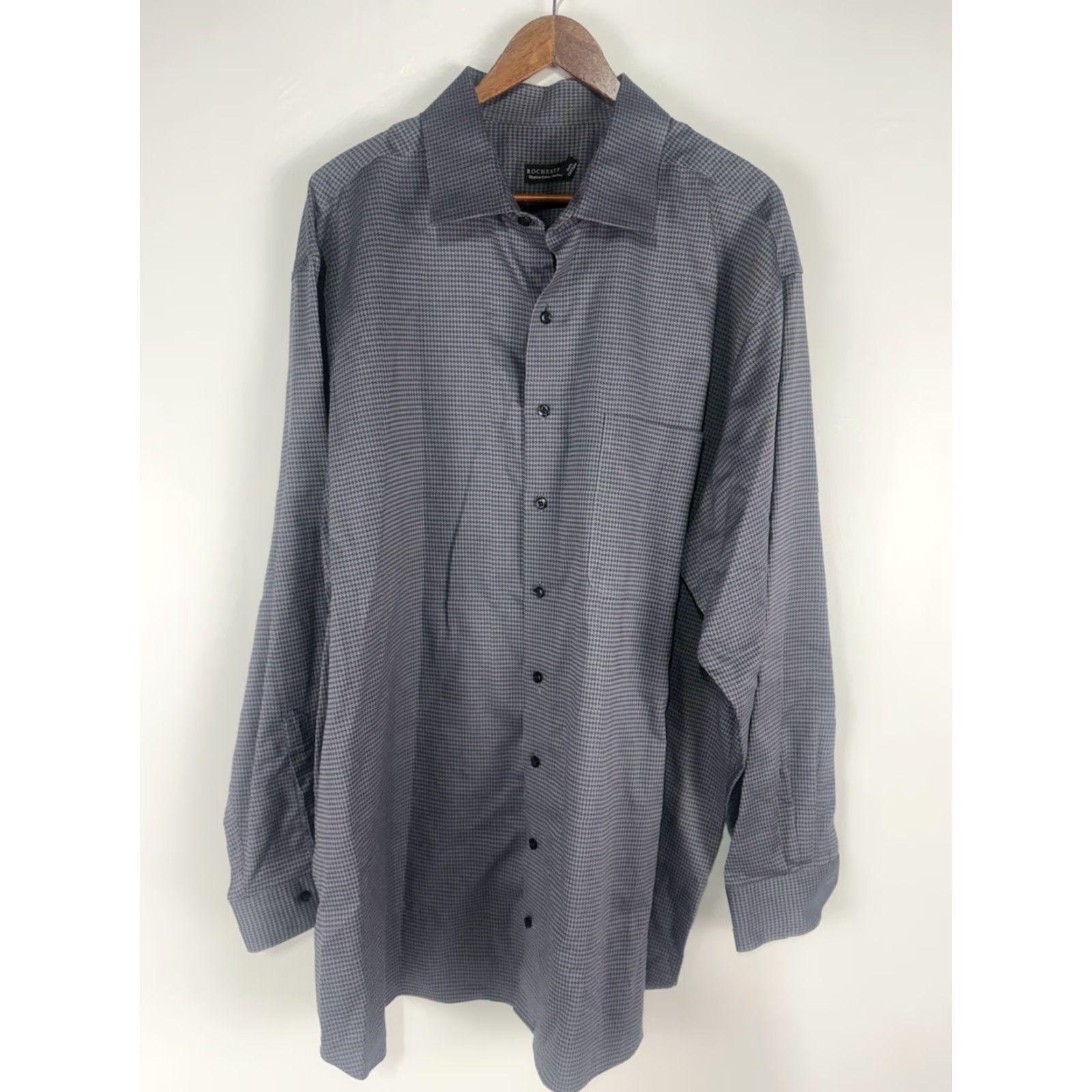 Vintage Rochester Dress Shirt Rochester 100% Egyptian Cotton Button-Down Woven White/Gray Geometric Non-Iron Long Sleeve 36/37T Big & Tall Mens Shirt Size 36R - 2 Thumbnail