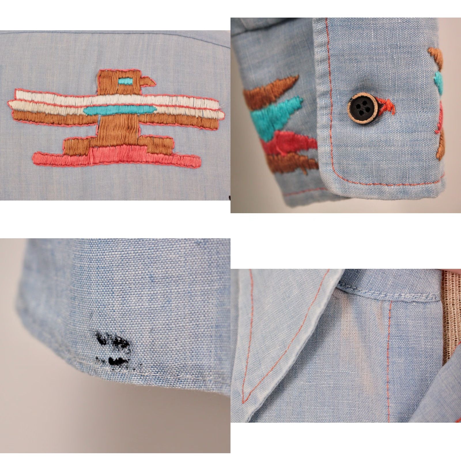Vintage VINTAGE Men's VTG 70s Blue Embroidered Thunderbird Chambray Work Shirt M 1970s Mens Size US M / EU 48-50 / 2 - 8 Thumbnail
