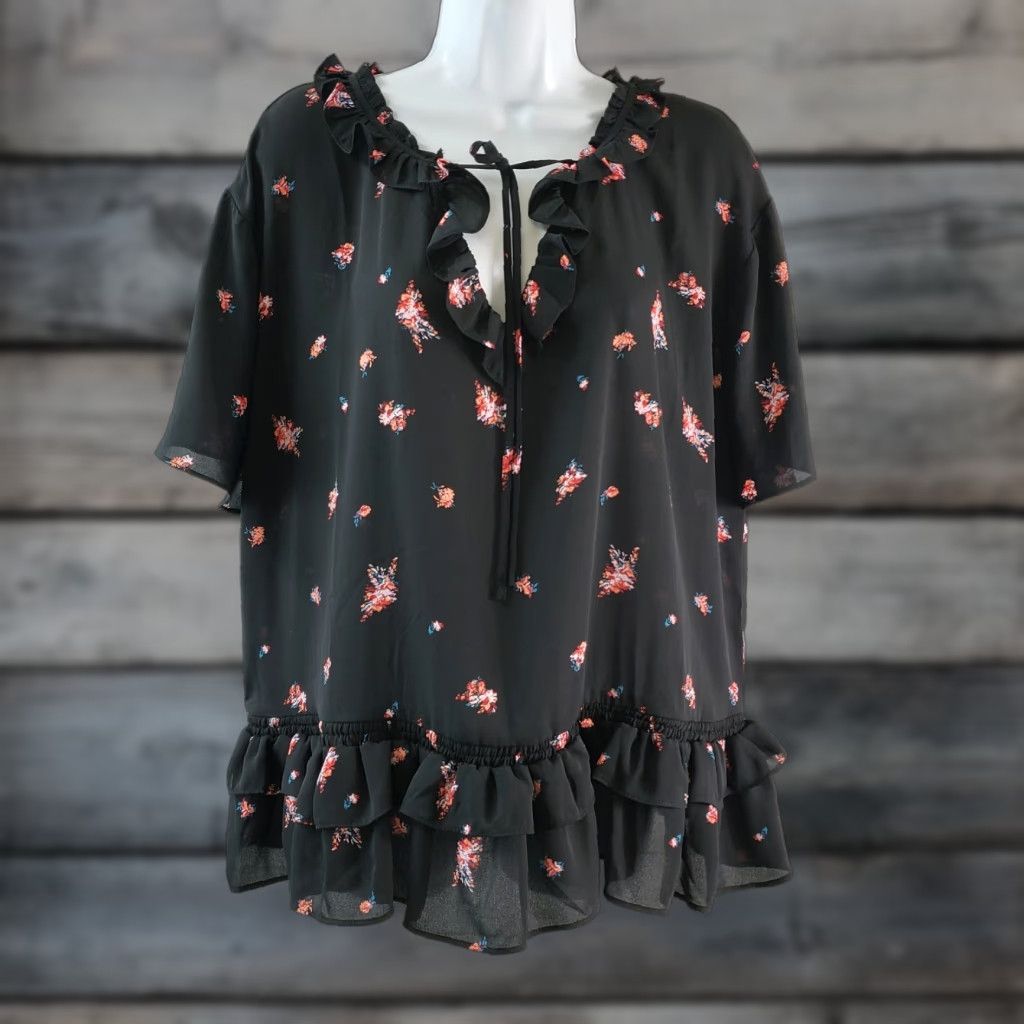 Pinko Chelsea28 Womens Blouse Sz Large Black Pink Floral Ruffle Semi Sheer Size L / US 10 / IT 46 - 1 Thumbnail