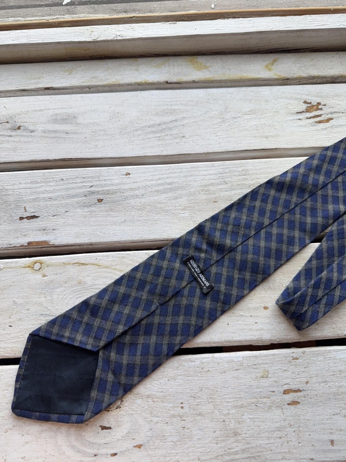 Designer × Giorgio Armani × Vintage Giorgio Armani Viscose Plaid Tie Blue Gray Check Made Italy Size ONE SIZE - 7 Thumbnail