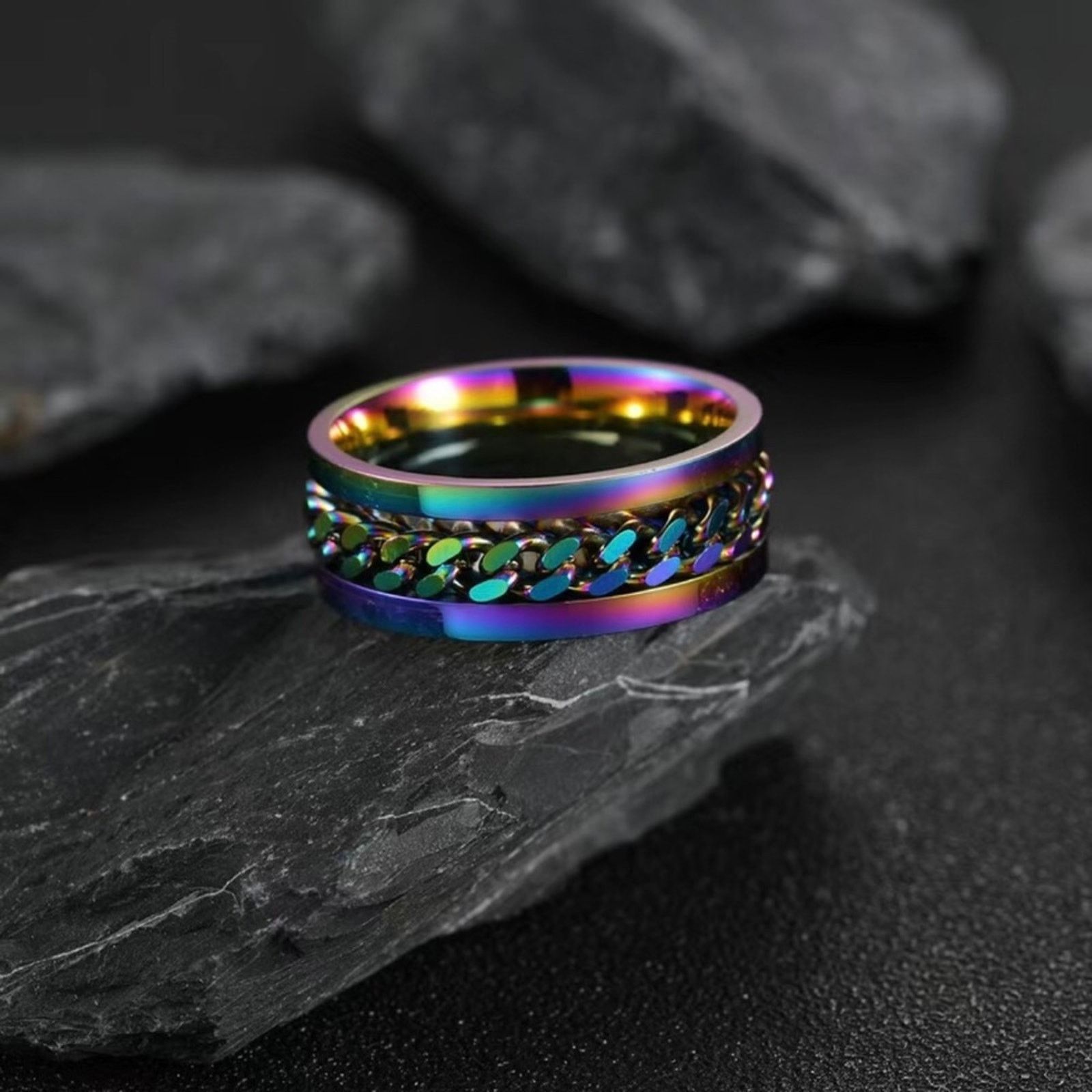 Jewelry Men’s rainbow titanium steel chain band ring NWT 9 Size ONE SIZE - 1 Thumbnail