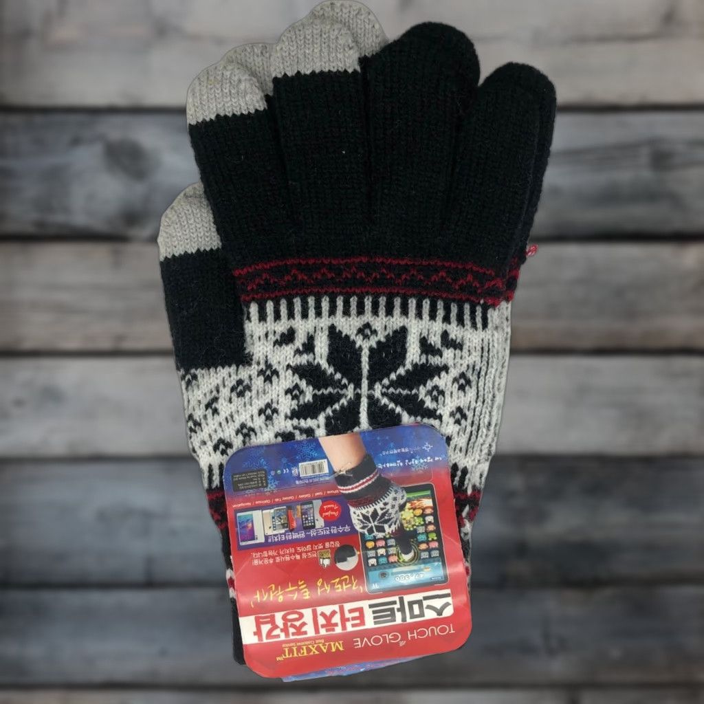 Vintage Hansun Smart Touch Winter Gloves Unisex One Size Black Fair Isle Korean Knit Gloves Wrist Size ONE SIZE - 1 Thumbnail