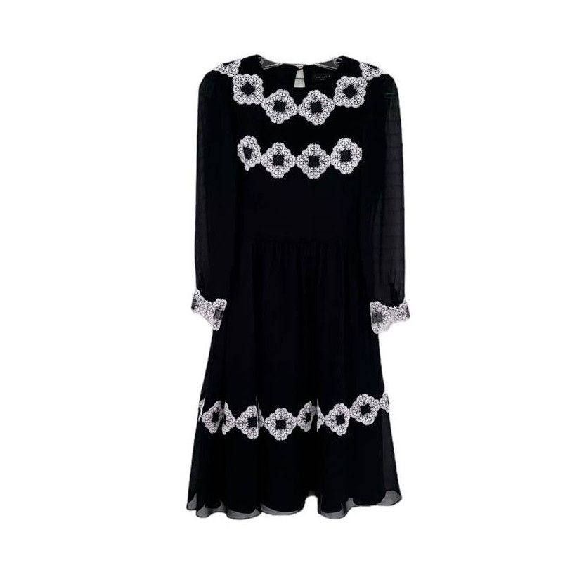 Image of Ted Baker London Avianah Applique Midi Dress Lace Trim in Black, Women's (Size Small)