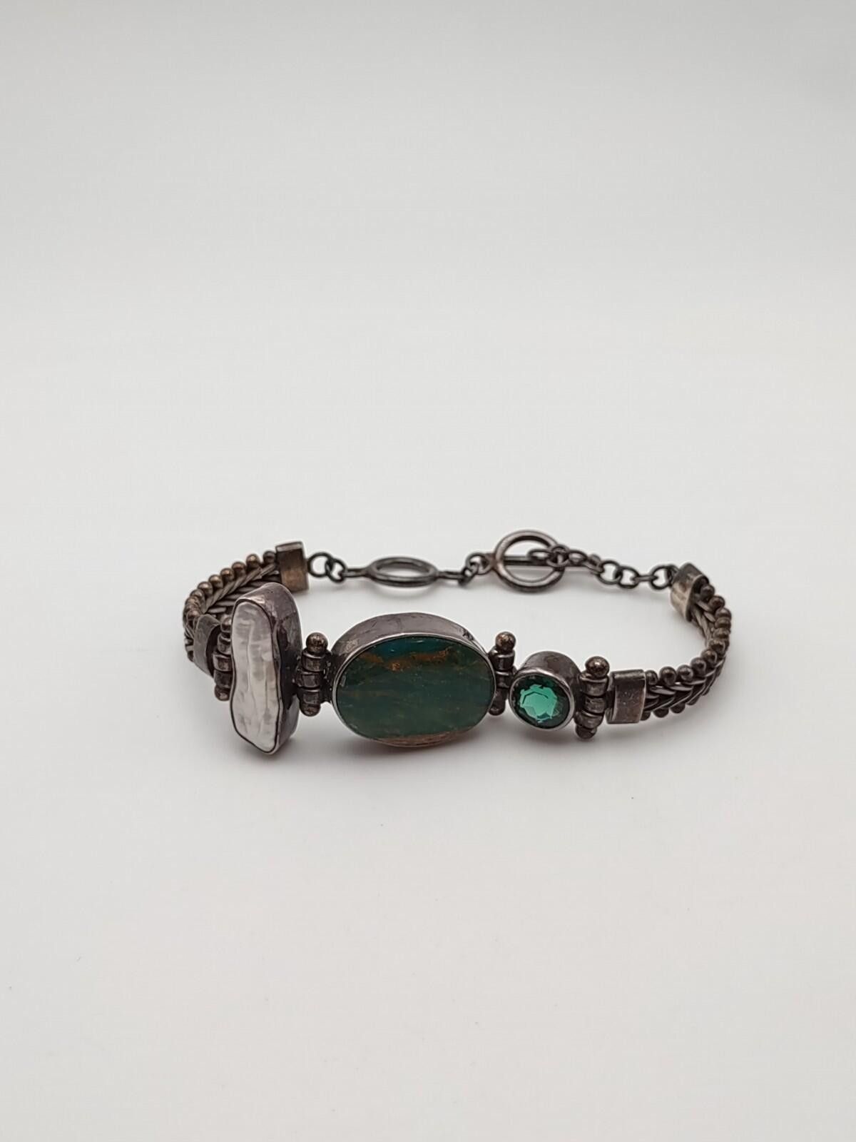 The Unbranded Brand Vintage Artisan Sterling Multi-Gemstone Toggle Bracelet 925 Size ONE SIZE - 1 Thumbnail