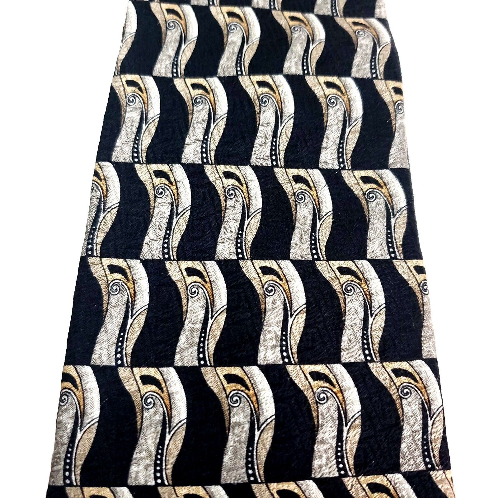 Pierre Cardin Pierre Cardin Silk Tie Print Black Tan Geometric Wide Size ONE SIZE - 2 Thumbnail