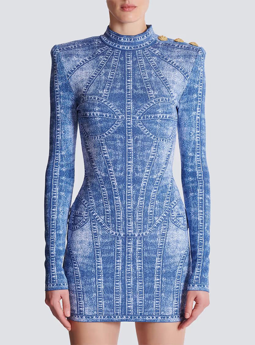 Balmain o1s1wg111225 Jacquard Knit Dress With Denim Effect in Blue Size L / US 10 / IT 46 - 4 Thumbnail