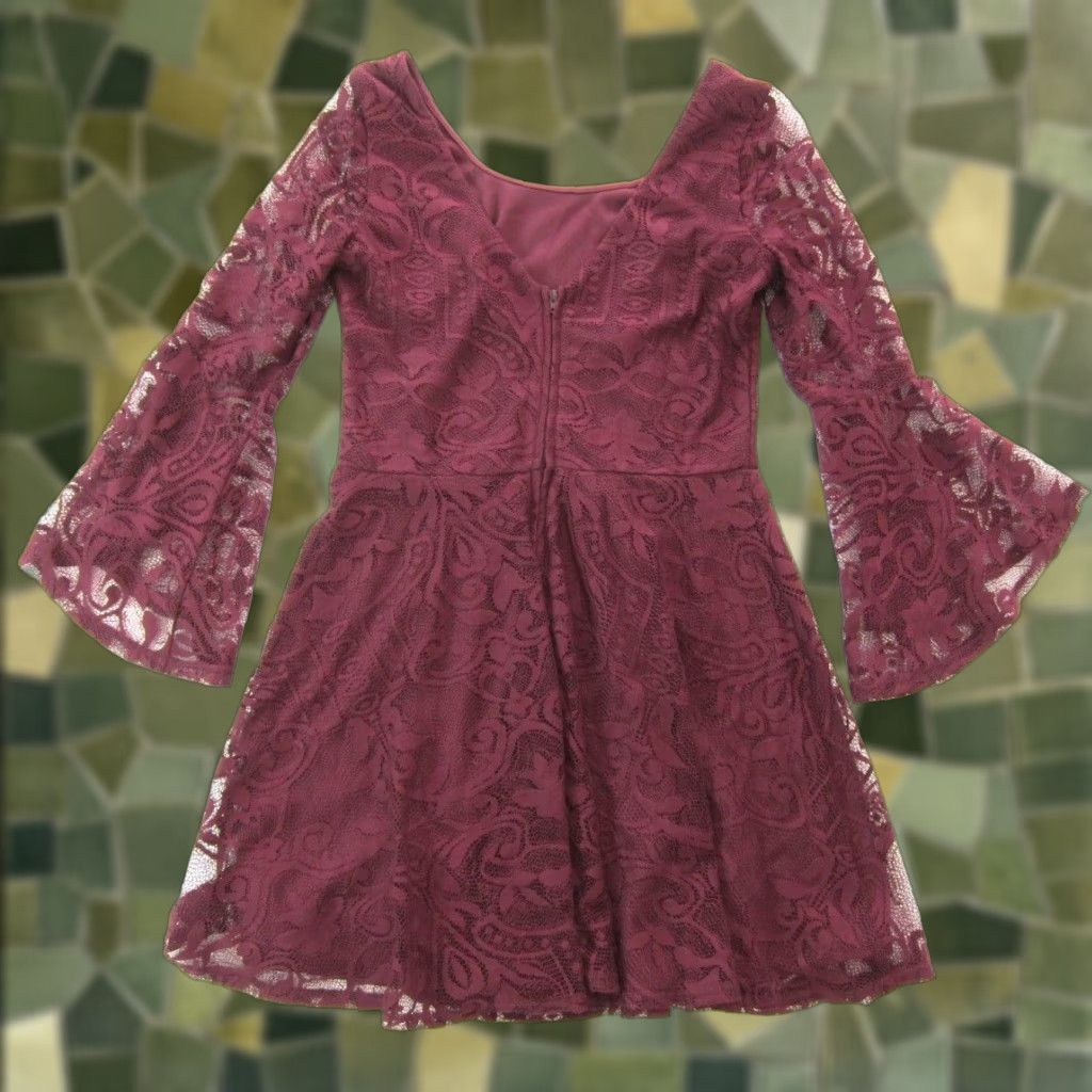 Vintage VINTAGE I.N. San Francisco Red Burgundy Lace Flare Sleeve Scoop Neck Smock Dress 11/L Size L / US 10 / IT 46 - 1 Thumbnail