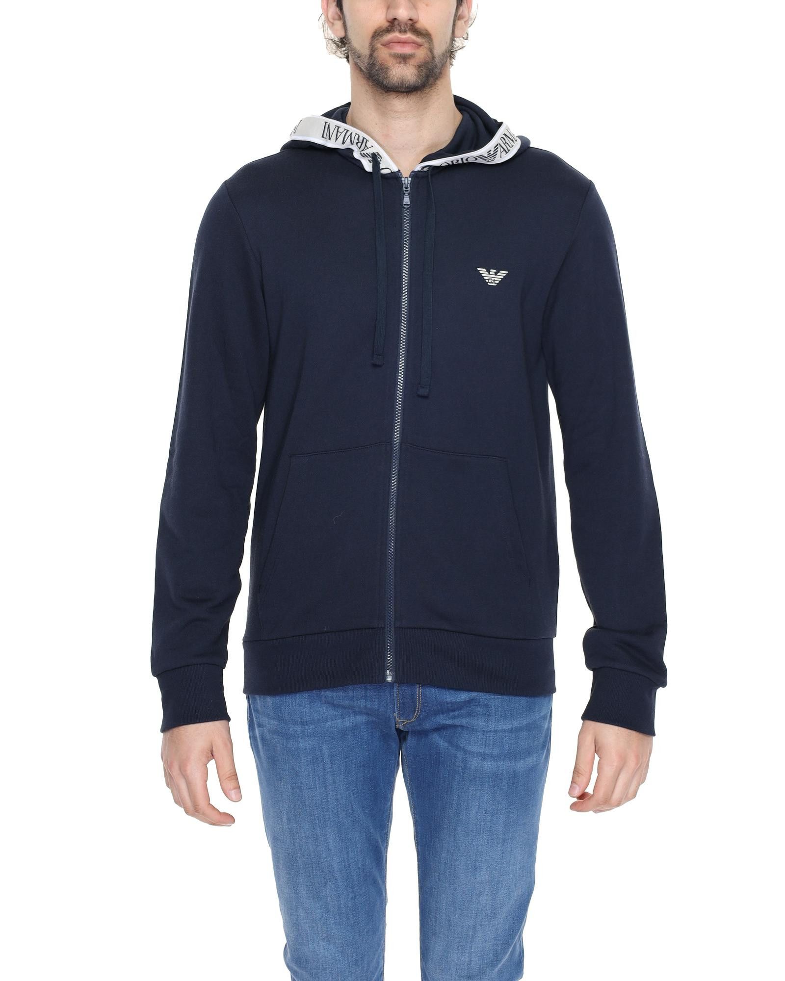 image of Emporio Armani Printed Hooded Sweatshirt With Zip in Blue, Men's (Size Small)