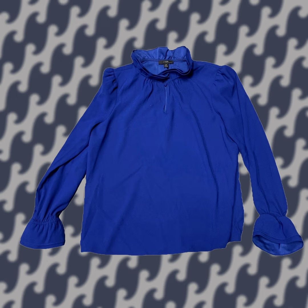 J.Crew J.CREW Blouse Women's Crew Neck Long Puff Sleeve Ruffle Blue Modern Business Party/Cocktail Holiday Med Reg Women Size M / US 6-8 / IT 42-44 - 1 Thumbnail